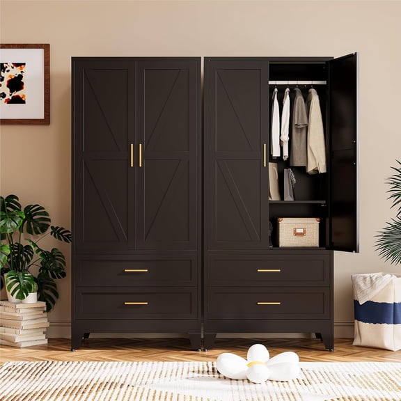 71-Inch Tall Black Metal Wardrobe Closet with 2 Drawers, Hanging Rod, Adjustable Shelf, and 2 Doors