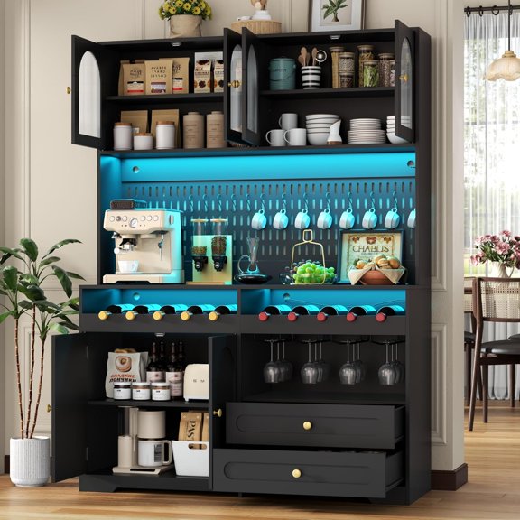 71-Inch Tall Black Whiskey Bar Cabinet with LED Lights, Drawer Storage, Doors, Pegboard, and Wine and Glass Rack, Modern Kitchen Coffee Bar