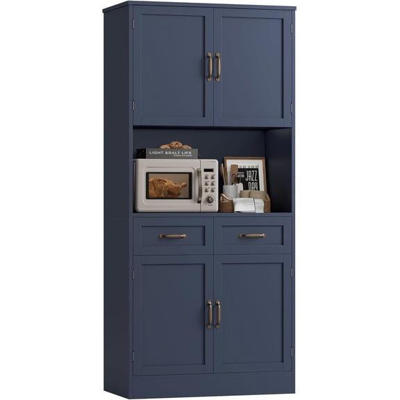 71-Inch Tall Blue Kitchen Pantry Cabinet with Microwave Stand, Drawers, Shelves, and Buffet Hutch for Dining Room