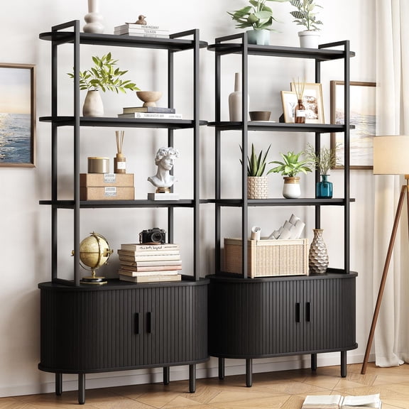 Modern 4-Tier Bookshelf 71 Inches Tall, Sliding Door Cabinet and Adjustable Feet, Sturdy Storage Shelf for Bedroom Living Room Hallway Entryway, Black