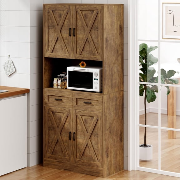 71-Inch Tall Brown Kitchen Pantry Storage Cabinet with Microwave Stand and Adjustable Shelves, Freestanding Cupboard