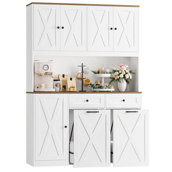 71 Inch Tall Kitchen Trash Can Cabinet Pantry 12.5 Gallon Double Pull Out Garbage Hutch 47 Inch Wide Freestanding Wooden Buffet Cupboard Storage, White