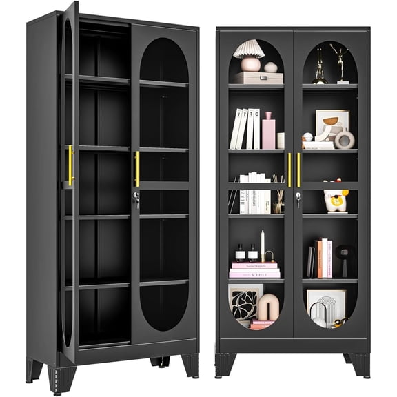 71-Inch Tall Metal Curio Display Cabinet with Glass Door and 4 Adjustable Shelves, Multi-Purpose Display Case for Collectibles