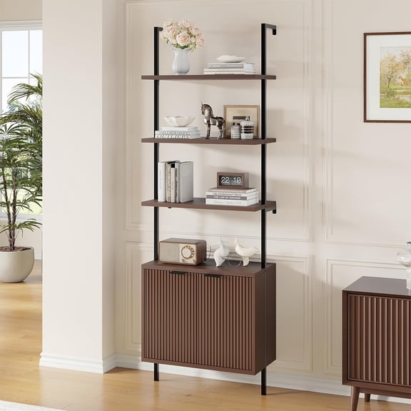 71-Inch Tall Walnut and Black Ladder Bookshelf with 6 Tiers, Fluted Wall Mounted Bookcase with Metal Frame and Storage