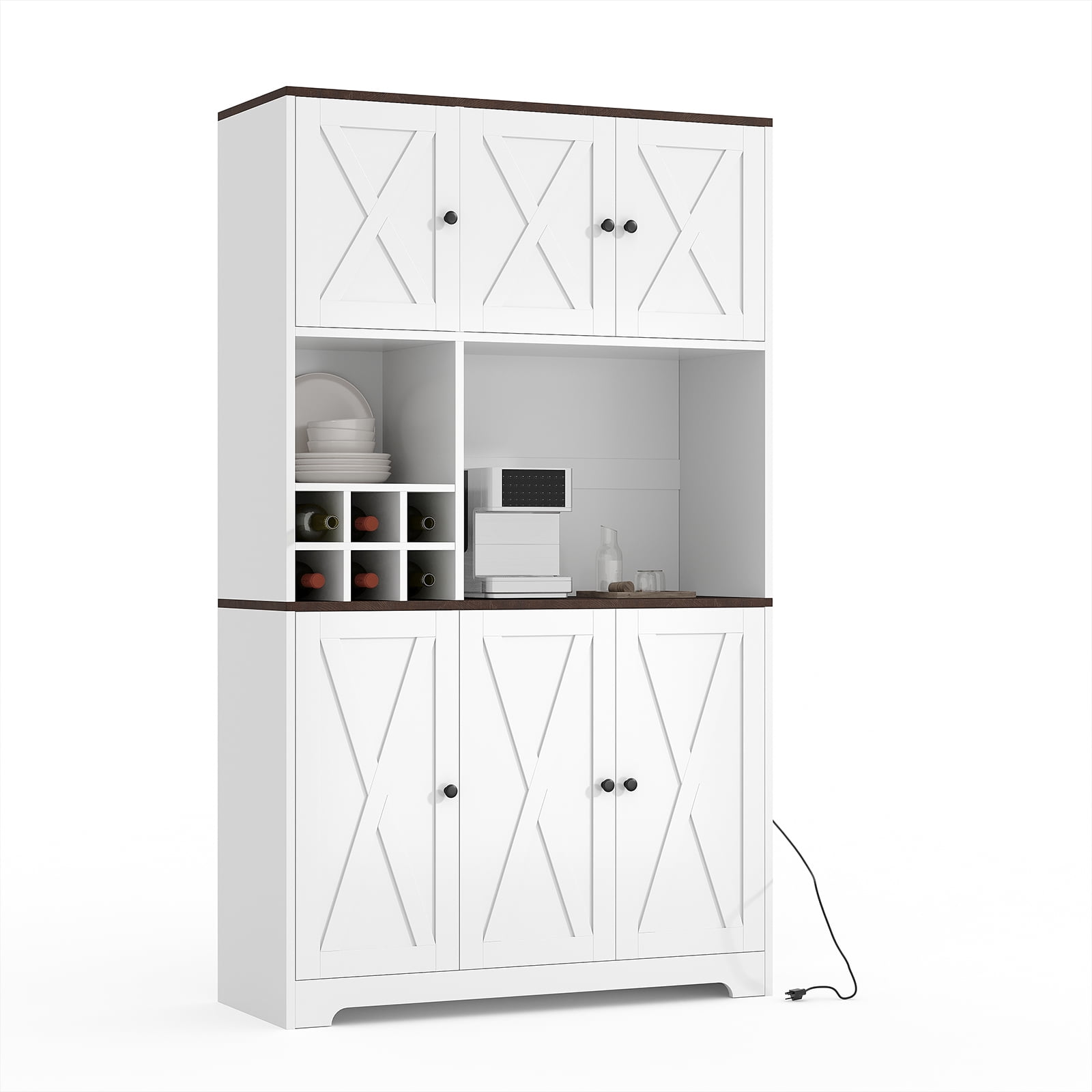71 Inch Tall White Kitchen Pantry Cabinet, Modern Farmhouse Kitchen Hutch Storage Cabinet with Wine Rack, Freestanding Coffee Bar Station with Storage for Dining Room, Living Room