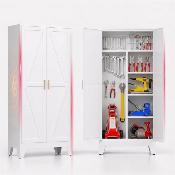 71-Inch Tall White Metal Garage Storage Cabinet, Broom Closet and Utility Cabinet