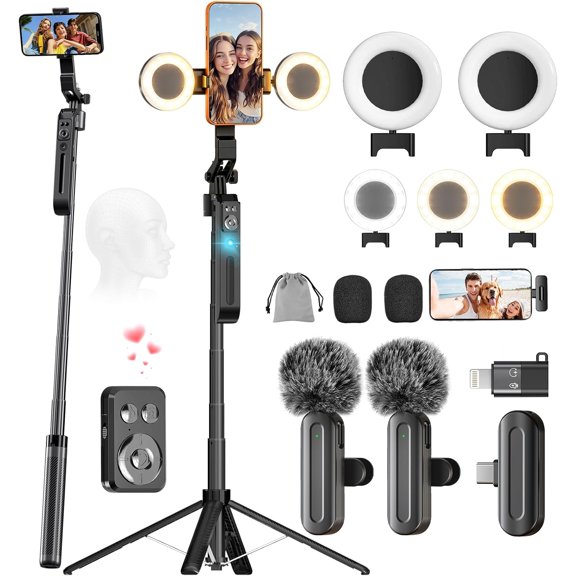 71 Inch Vlogging Kit with Auto Face Tracking Tripod Dual LED Lights and Microphones 360 Degree Rotating Phone Mount Remote Control for iPhone Android