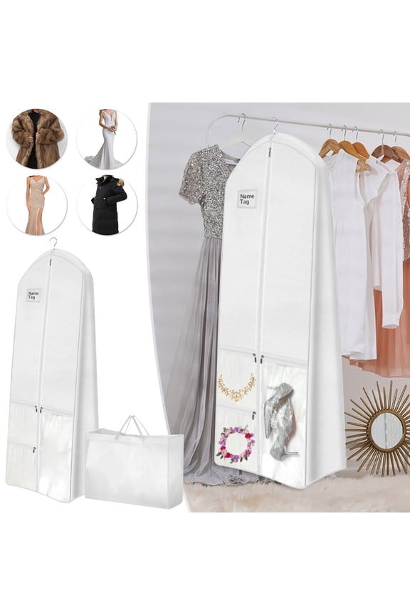 71 Inch Wedding Dress Garment Bag with 16 Inch Gusset, Long Gown Storage for Brides and Formal Dresses, Travel Cover with Pockets