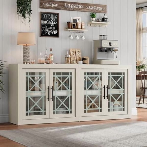 71 Inch White 4 Glass Door Tall Buffet Sideboard, Large Storage Coffee Bar Cabinet for Dining Living Entryway