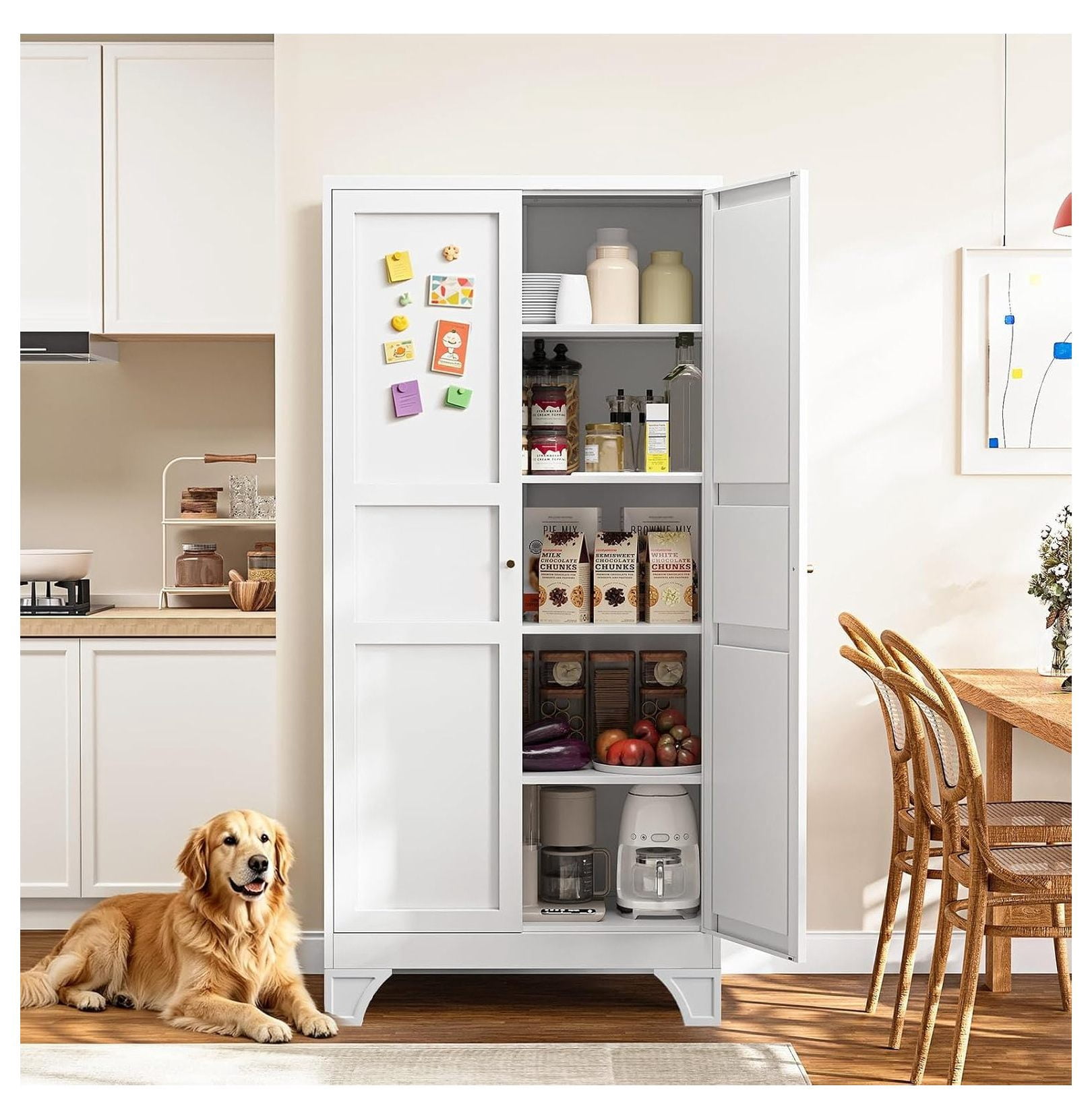 Kitchen Recipe Layout 71 Inch White Metal Pantry Cabinet with 4 Adjustable Shelves, Heavy ...