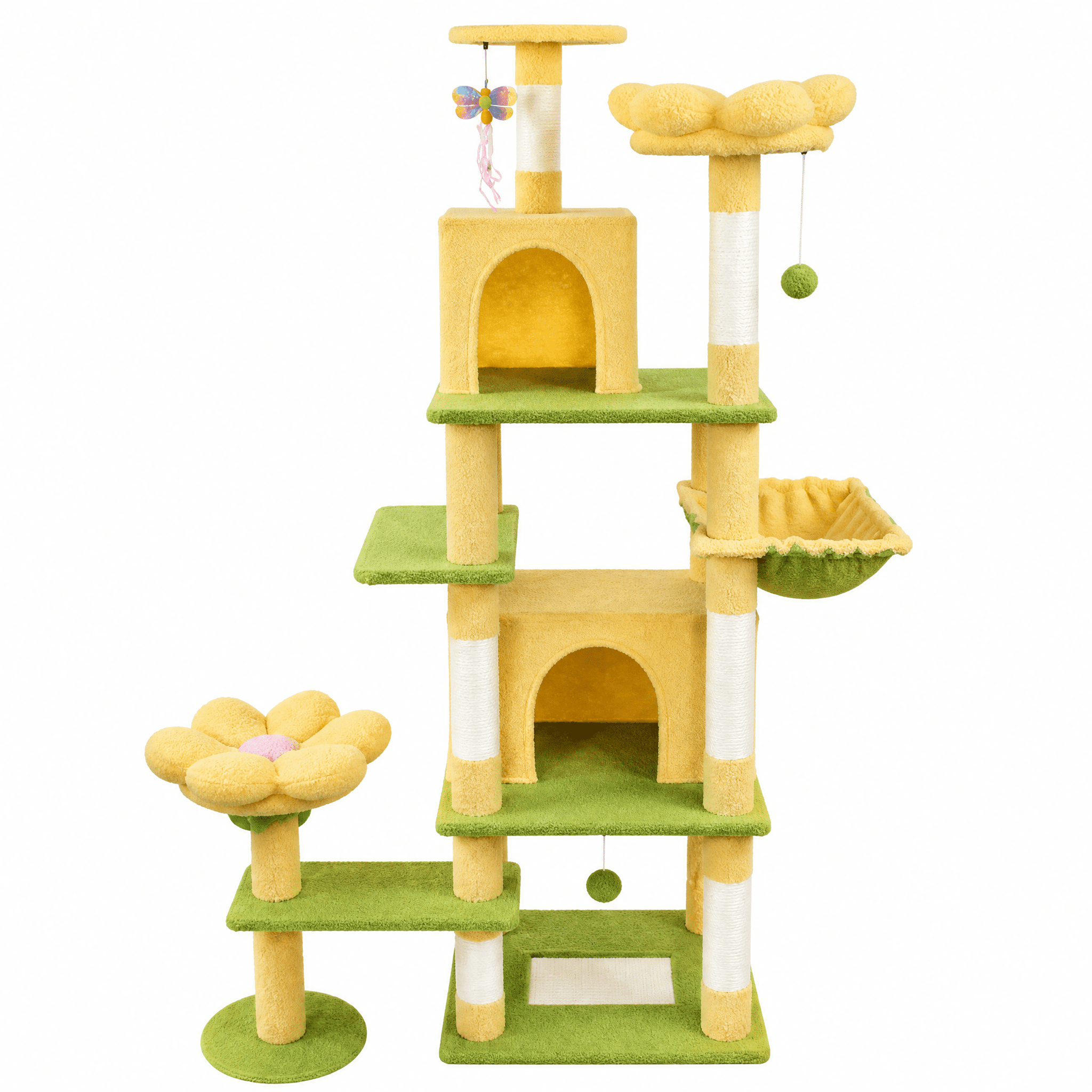 71 Inch Yellow Floral Cat Tree, 7-Level Large Cat Tower with Spacious Condo, Removable Flower Cushion & Hammock, Natural Sisal Scratching Posts for Large & Multi-Cat Families