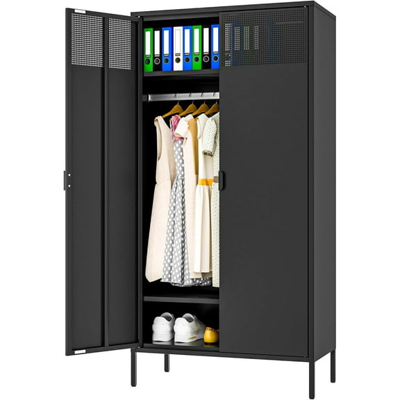 71 Inches Black Metal Wardrobe Cabinet with Hanging Rod, Metal Armoire Wardrobe Closet with Doors for Bedroom, Office, Laundry Room and Changing Room, Metal Locker Cabinet