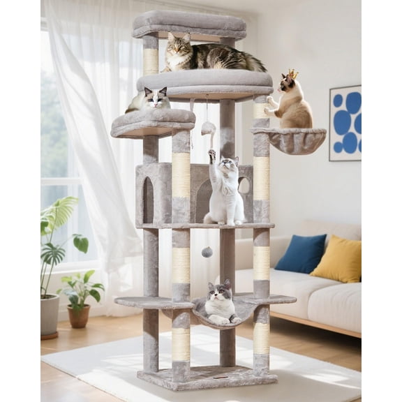 71   Tree for Large Cats 20lbs+, 3 Giant Perches, Multi-Level  Tree Tower, Widened  Condo with 9  Posts, Luxurious Hammcock & Basket, Light Gray, MS034W