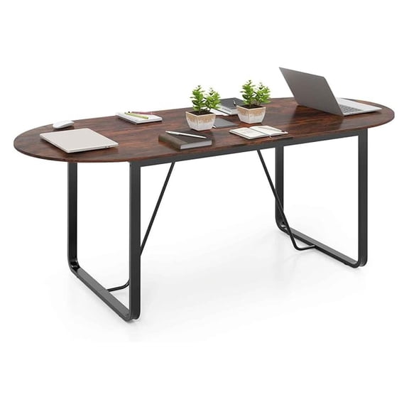71 Inches Executive Table, Oval Home Office Table with Cable Management Hole & Metal Frame, Seminar, Conference Table for 10 People, Large Business Furniture for Meeting Room