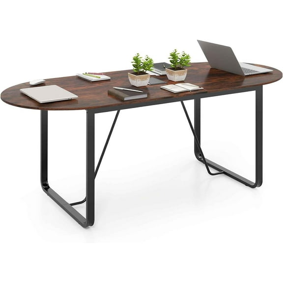 71 Inches Executive Table, Oval Home Office Table with Cable Management Hole & Metal Frame, Seminar, Conference Table for 10 People, Large Business Furniture for Meeting Room