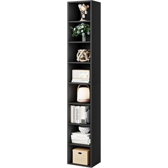 71 Tall Narrow Bookcase, 8-Tier Slim CD DVD Media Tower Rack, Corner Bookshelf with Adjustable Shelves, Cube Skinny Bookshelf for Office Small Space, Black