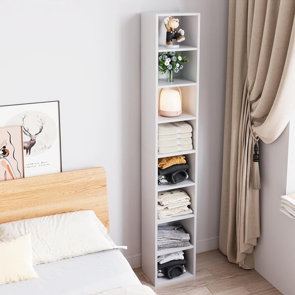 71 Inches Tall Narrow Bookshelf, 8-Tier CD DVD Slim Media Tower Rack, Corner Bookcase with Adjustable Shelves, Cubes Bookshelves for Home Office Small Space, White