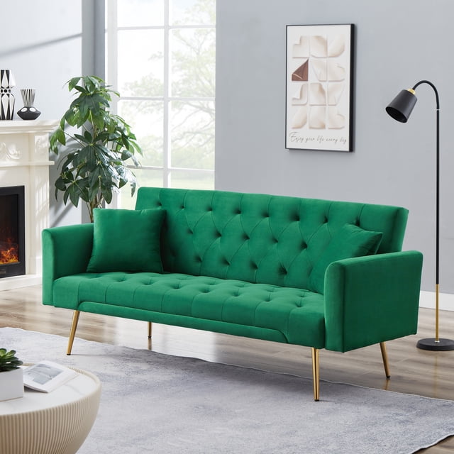 71 Inches Velvet Futon Sofa Bed with 2 Pillows,Modern Convertible Futon Couch with 3 Adjustable Backrest Angles and Gold Metal Feet,Suitable for Apartment,Living Room,Small Space,Green