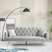 71 Inches Velvet Futon Sofa Bed with 2 Pillows,Modern Convertible Futon Couch with 3 Adjustable Backrest Angles and Gold Metal Feet,Suitable for Apartment,Living Room,Small Space,Gray