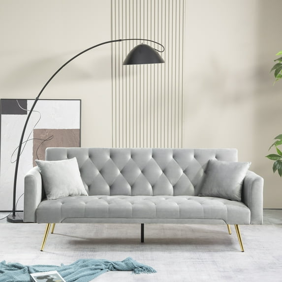 71 Inches Velvet Futon Sofa Bed with 2 Pillows,Modern Convertible Futon Couch with 3 Adjustable Backrest Angles and Gold Metal Feet,Suitable for Apartment,Living Room,Small Space,Gray