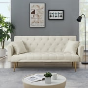 71 Inches Velvet Futon Sofa Bed with 2 Pillows,Modern Convertible Futon Couch with 3 Adjustable Backrest Angles and Gold Metal Feet,Suitable for Apartment,Livin