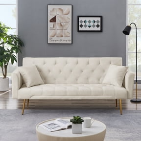 71 Inches Velvet Futon Sofa Bed with 2 Pillows,Modern Convertible Futon Couch with 3 Adjustable Backrest Angles and Gold Metal Feet,Suitable for Apartment,Living Room,Small Space,Beige