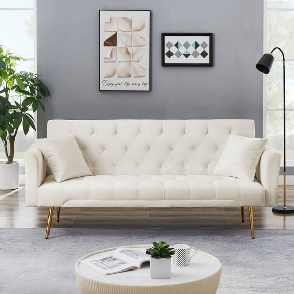 Leumius 71 Inches Velvet Futon Sofa Bed with 2 Pillows,Modern Convertible Futon Couch with Adjustable Backrest,Beige 02