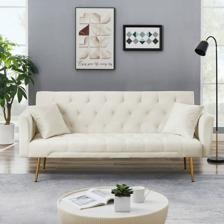 71 Inches Velvet Futon Sofa Bed with 2 Pillows,Modern Convertible Futon Couch with Adjustable Backrest,Beige