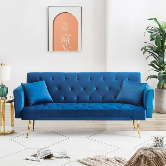 71 Inches Velvet Futon Sofa Bed with 2 Pillows,Modern Convertible Futon Couch with Adjustable Backrest,Blue