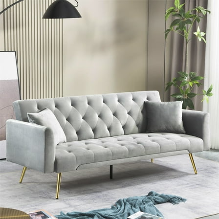 71 Inches Velvet Futon Sofa Bed with 2 Pillows,Modern Convertible Futon Couch with Adjustable Backrest,Gray