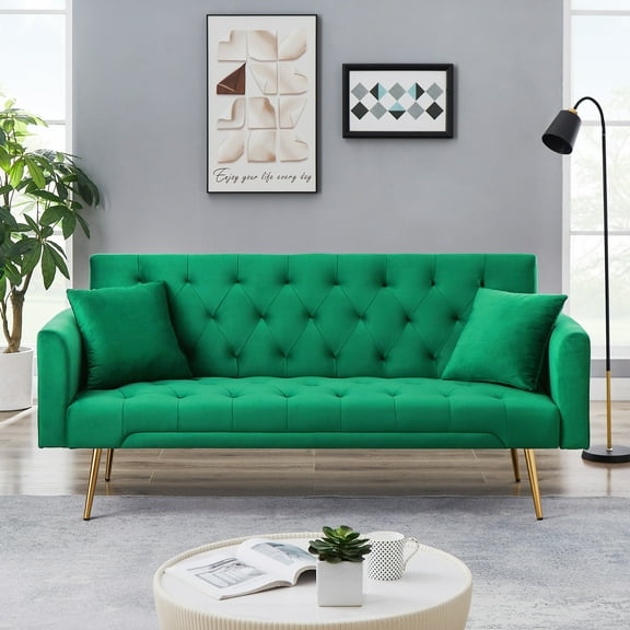 71 Inches Velvet Futon Sofa Bed with 2 Pillows,Modern Convertible Futon Couch with Adjustable Backrest,Green