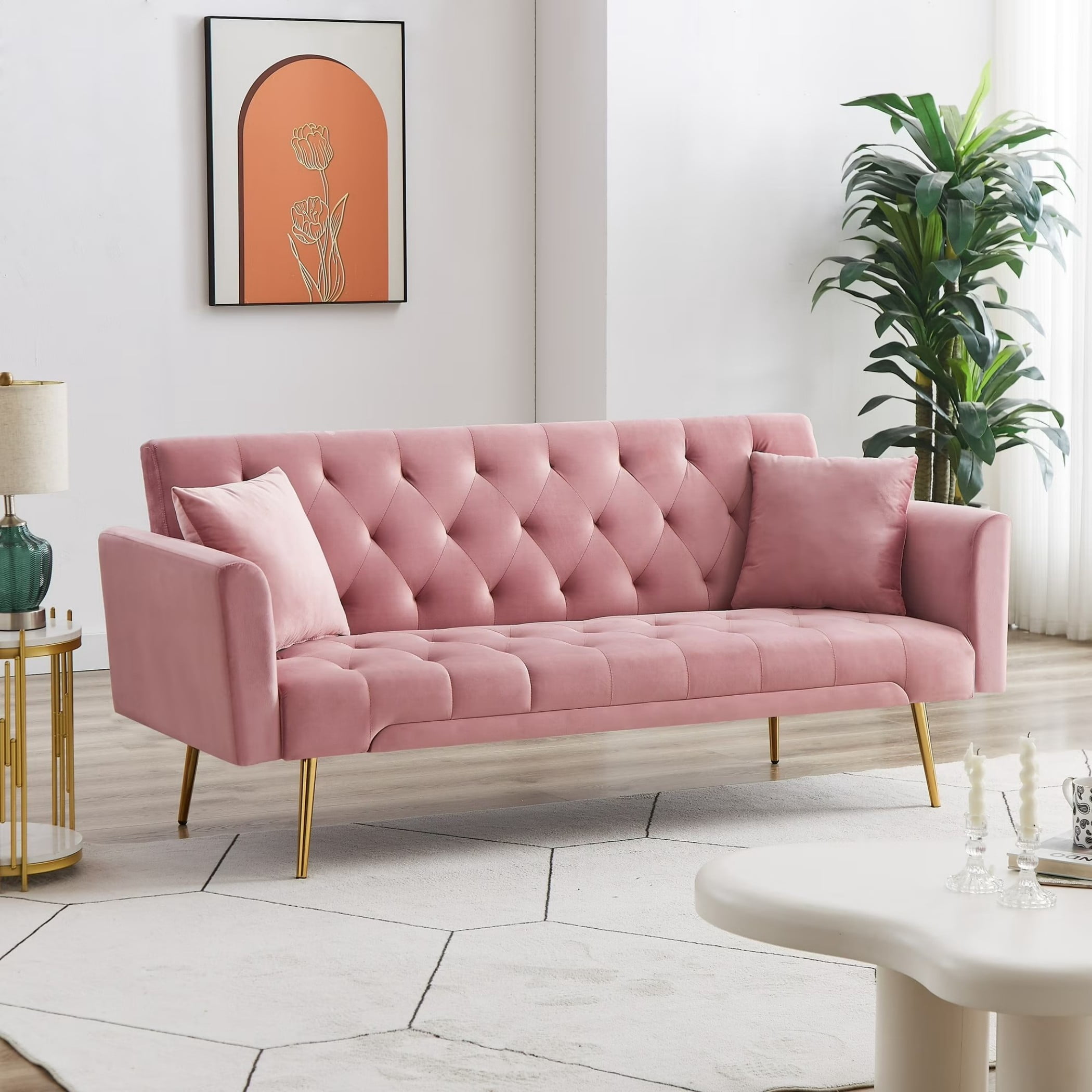 71 Inches Velvet Futon Sofa Bed with 2 Pillows,Modern Convertible Futon Couch with Adjustable Backrest,Pink 02