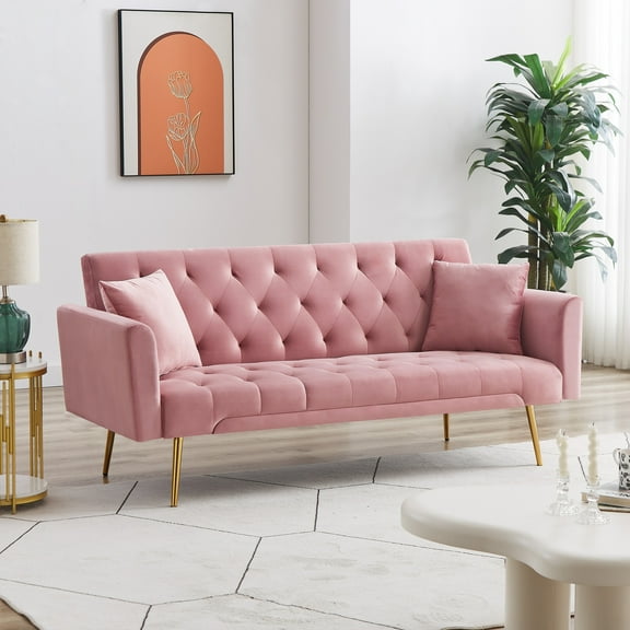 71 Inches Velvet Futon Sofa Bed with 2 Pillows,Modern Convertible Futon Couch with Adjustable Backrest,Pink