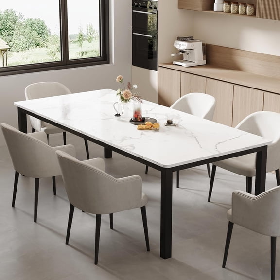 71" Industrial Dining Table for 6, Wooden Long Dinner Table with Mortise Tenon Design, Kitchen Table with Sturdy Metal Legs, for Dining Room Home Office Living Room, White