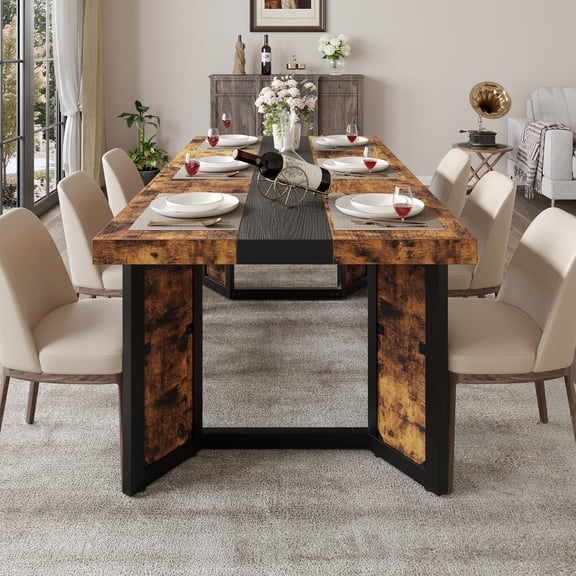 71" Industrial Dining Table for 6–8, Large Wooden Rectangular Kitchen Table with Sturdy Metal Frame, Rustic Brown Finish for Dining Room or Kitchen