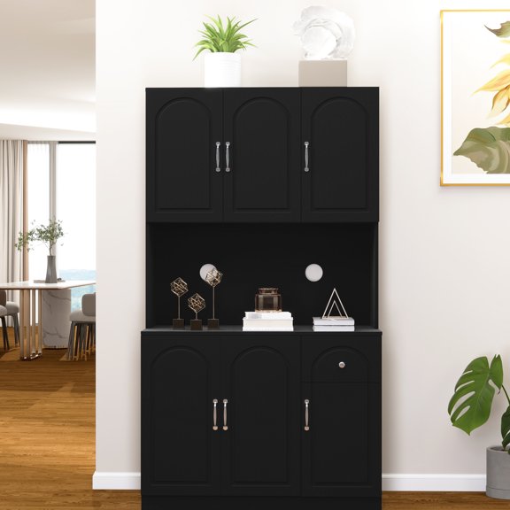 71" Kitchen Buffet With Adjustable Shelves And Countertop - Black Cabinet