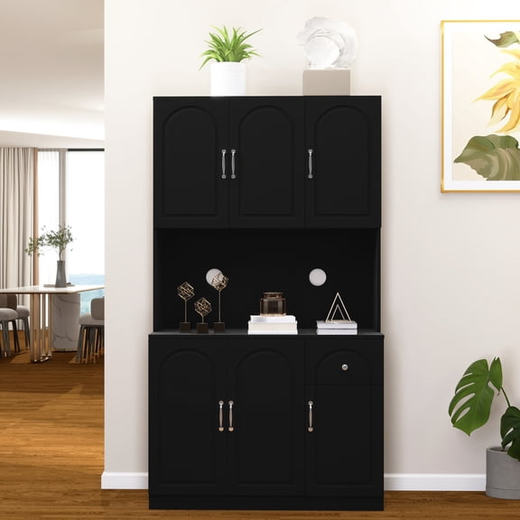71" Kitchen Buffet with Open Countertop for Appliances | 6 Doors, 1 Drawer, Environmentally-Friendly