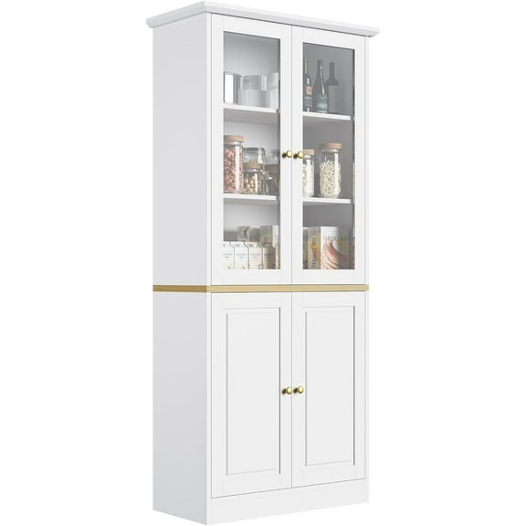 71" Kitchen Pantry Cabinet with Glass Doors, Modern Coffee Bar Storage Cabinet with Adjustable Shelves & Wooden Doors, Freestanding Cupboard for Dining Room or Living Room, White