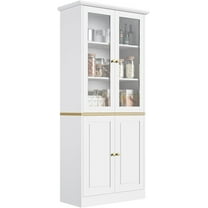 71" Kitchen Pantry Cabinet with Glass Doors, Modern Coffee Bar Storage Cabinet with Adjustable Shelves & Wooden Doors, Freestanding Cupboard for Dining Room or Living Room, White