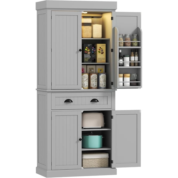 71" Kitchen Pantry Cabinet with LED Motion Sensor Light, Tall Storage Cabinet with 6 Door Shelves, Drawer & Adjustable Shelves, for Living & Dining Room, Gray