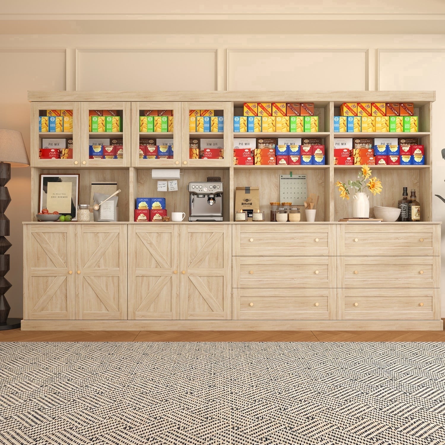 71" Kitchen Pantry Cabinet, Large Kitchen Food Hutch Storage Cabinet with Doors, Drawers & Adjustable Shelves, Tall Modern Coffee Bar with Microwave Stand for Kitchen Living Room,Brown 4PCS