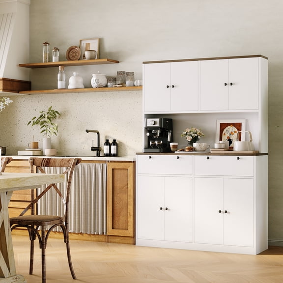 71" Kitchen Pantry Cabinet with Charging Station, 47" Wide Hutch with Microwave Stand & Countertop, Tall Storage Cabinet with 8 Doors and 2 Drawers