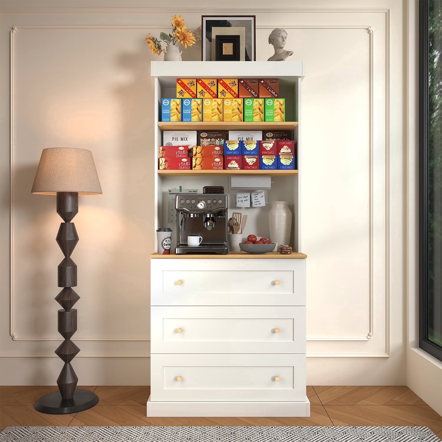 71"Kitchen Pantry Cabinet with Microwave Stand,3 Drawers and Adjustable Shelves,White