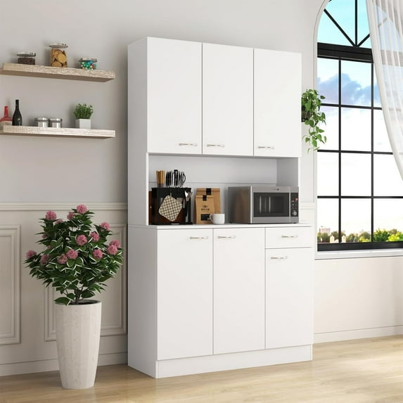 71" Kitchen Pantry Cabinets with Microwave Stand, 6 Doors & 3 Adjustable Shelves, Freestanding China Cabinet Hutch, Buffet Cabinet with Storage, White