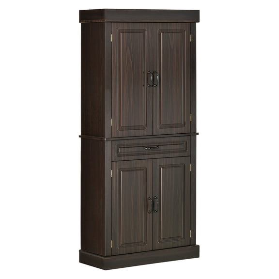 71" Kitchen Pantry Freestanding, 4 Door Tall Storage Cabinet with Drawer, Coffee Finish