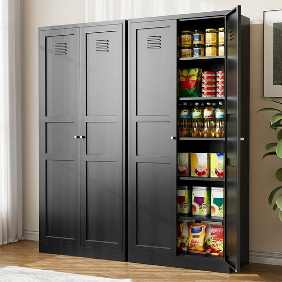 71'' Kitchen Pantry Storage Cabinet with 5 Adjustable Shelves Metal Pantry Storage Cabinet with Ventilation Cupboard Cabinet for Kitchen, Living Room Dinning Room Bathroom. (Black, 71 inch)
