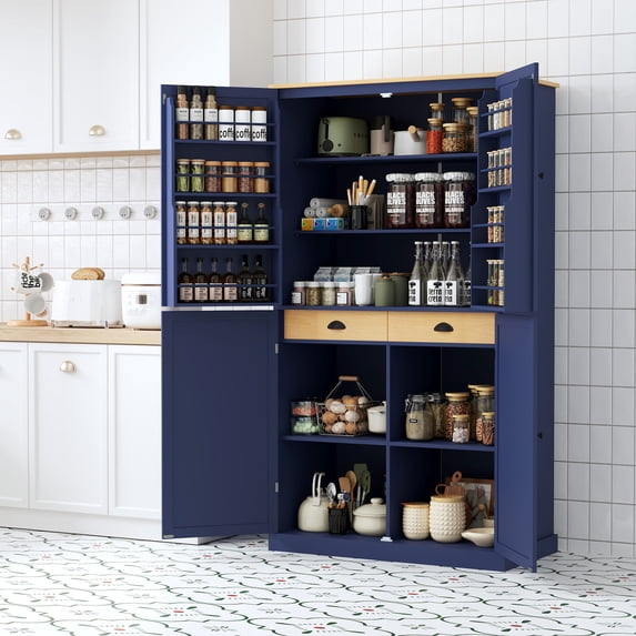 71" Kitchen Pantry Storage Cabinet, Freestanding Large Cupboard with 8 Door Shelves, 2 Adjustable Shelves and 2 Drawers for Kitchen Dining Room, Blue