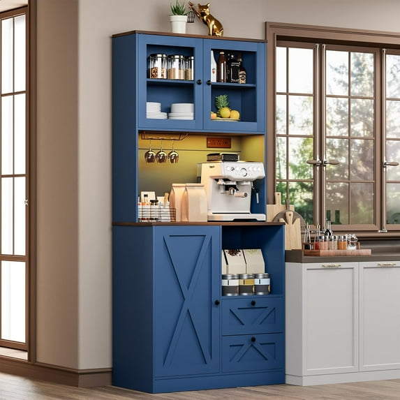71‘’Kitchen Pantry Storage Cabinet with LED Lights and Power Outlet, Tall Farmhouse Kitchen Hutch with Microwave Stand,Globet Hooks and Adjustable Shelf for Dining Living Room,Blue