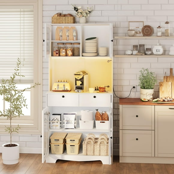 71" Kitchen Pantry Storage Cabinet with Lights and Charging Station, Tall Hutch Cabinet with Storage and Microwave Shelf for Dining Room, White