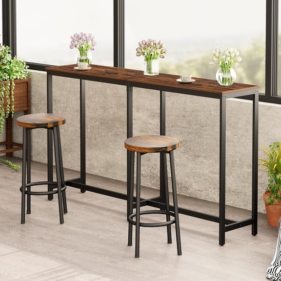 71" L Bar Table,Narrow Long Kitchen Dining Table, Counter Bar Height Table, High Pub Desk,Metal Frame, Rustic Brown and Black